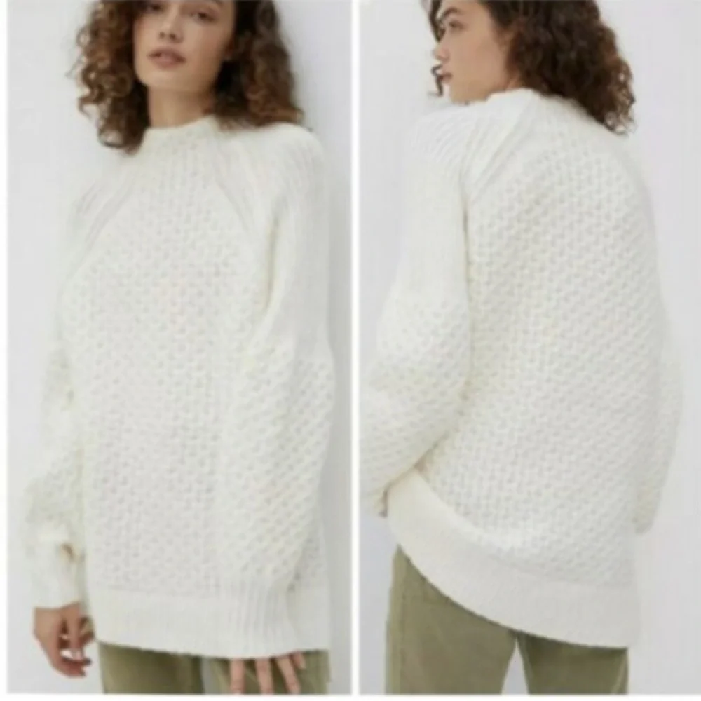 Anthropologie Bia Cream Mock Neck textured balloon sleeve sweater women size M